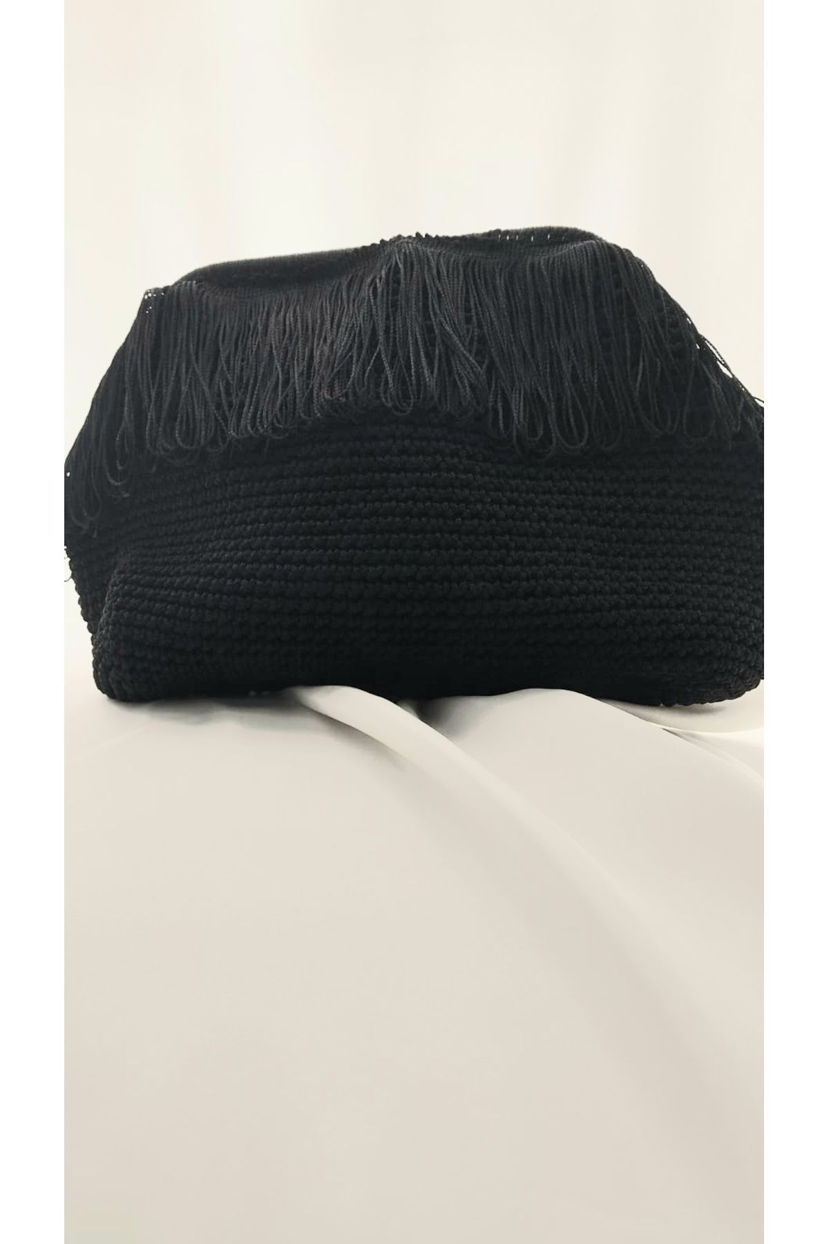 Butik Siyah Püsküllü Burslu El çantası Makrome Örgü Clutch
