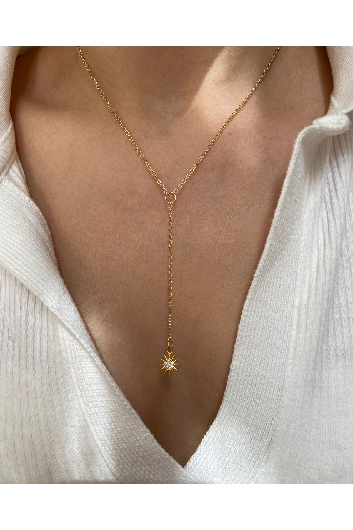 Arsaley Collection Gold taşlı güneş charm altın kaplama y kolye