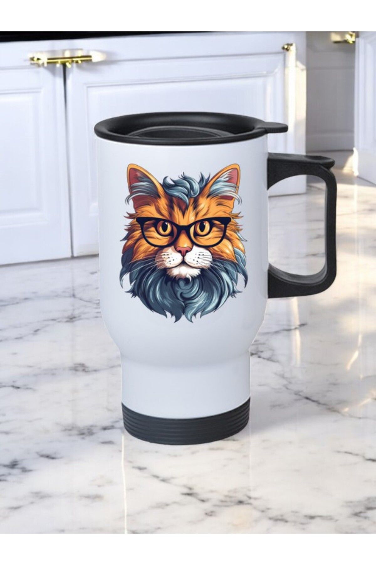 lili hediyelik Gözlüklü Kedi Baskılı Kulplu Çelik Bardak Termos 450 ml