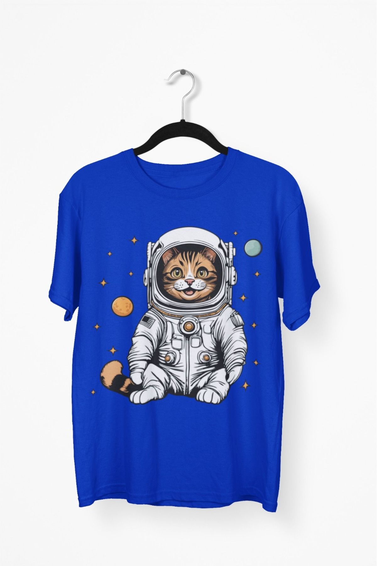 Butik ERKEK/KADIN -ASTRONOT KEDİ - TRANSFER BASKILI YUVARLAK YAKA KISA KOL TİŞÖRT