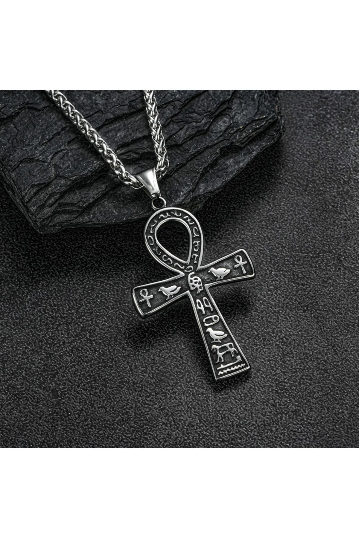 Viking Mısır Mitolojisi Ankh Nil Anahtarı Tasarım Gri Paslanmaz&Kararmaz Erkek 316L Çelik Kolye