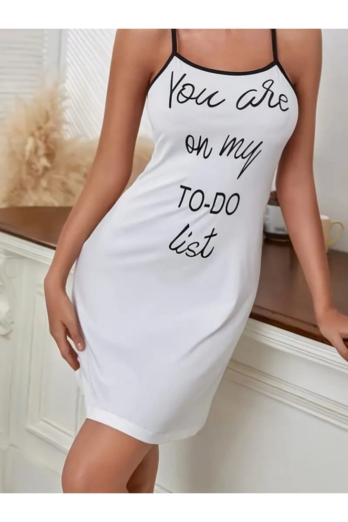 velmorafashion Kadın Kolsuz Askılı Sırt çapraz Detay To Do List Baskı Süprem Gecelik Elbise