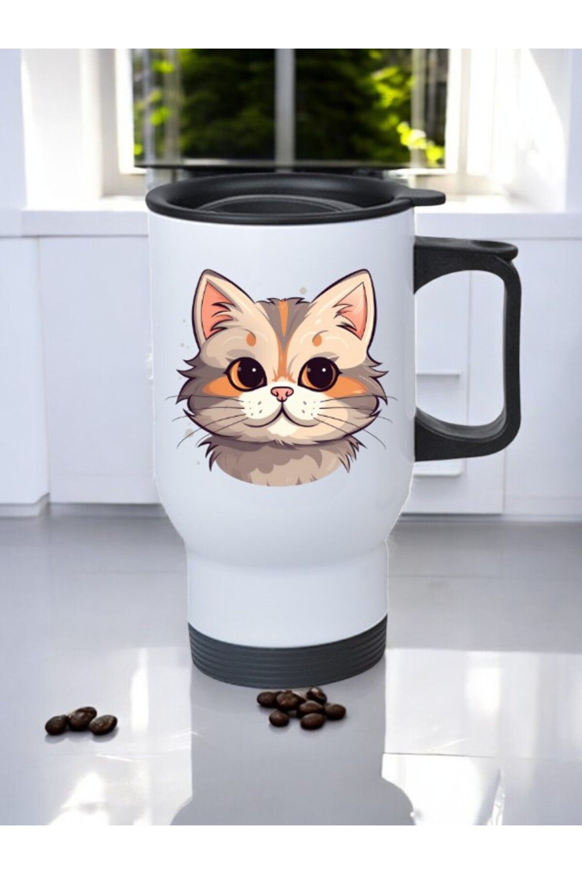 lili hediyelik Kedili Kulplu Çelik Bardak Termos 450 ml