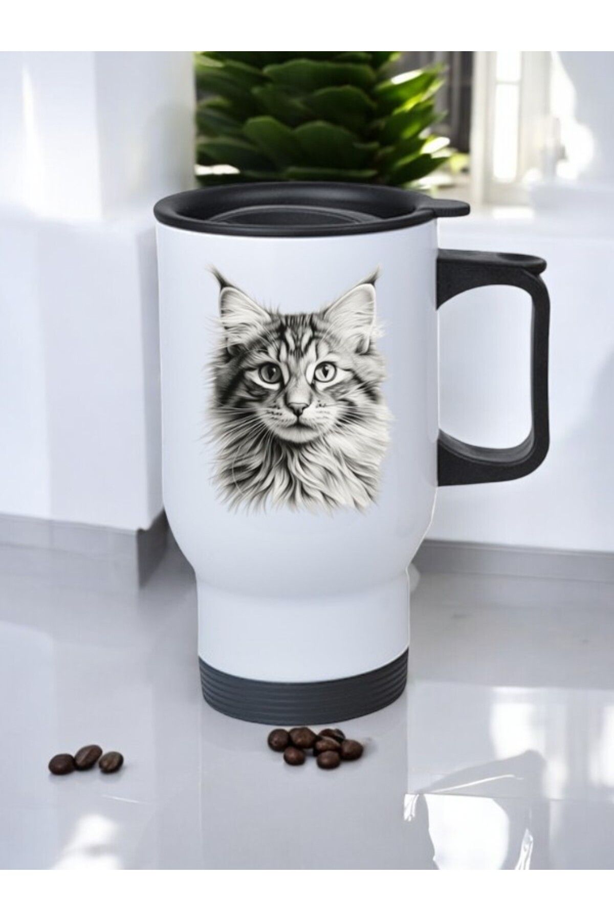 lili hediyelik Karakalem Kedi Baskılı Kulplu Çelik Bardak Termos 450 ml