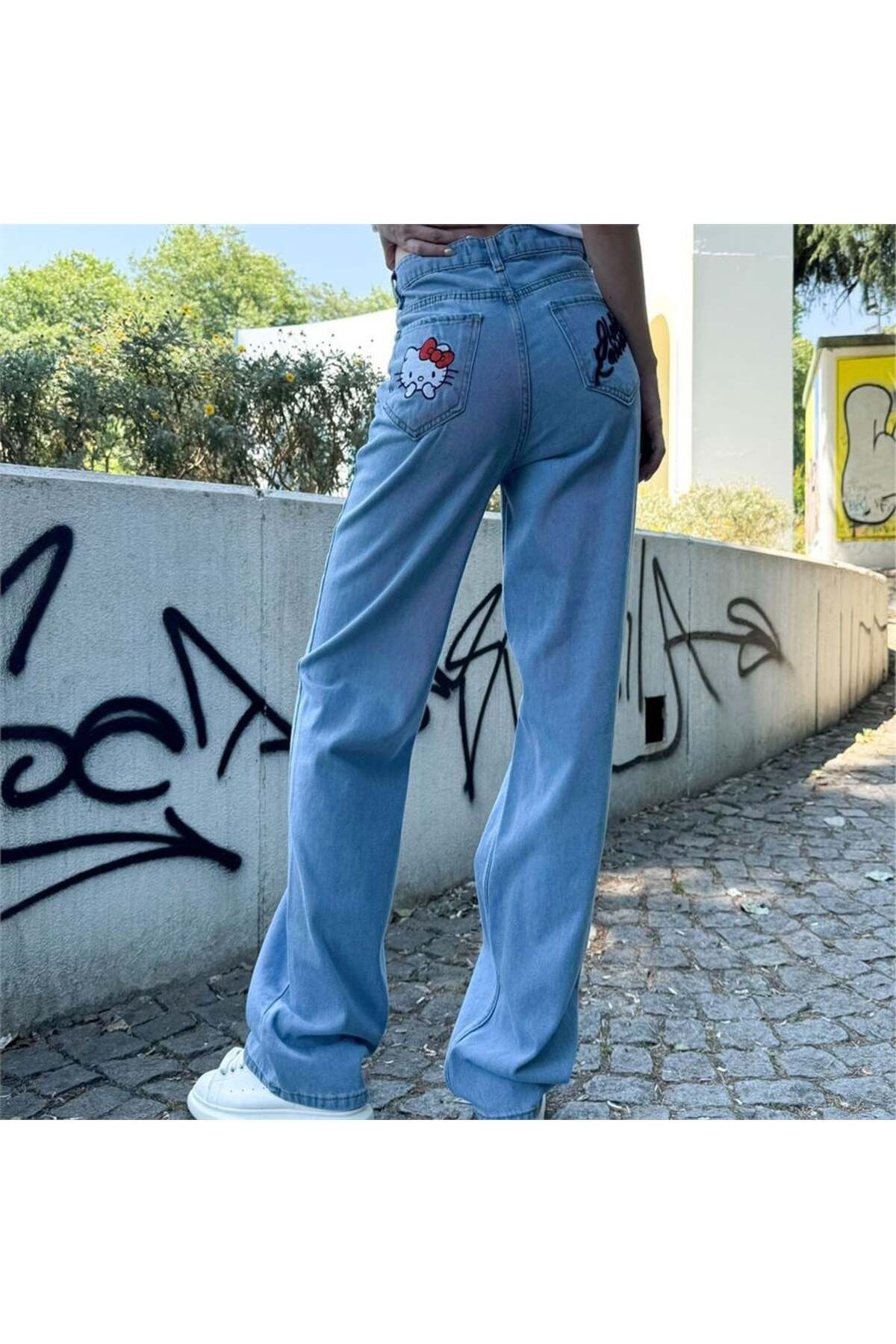 BALİNA Mavi Jean Hello Kitty Nakışlı Baggy Kot Pantolon THE SOLO