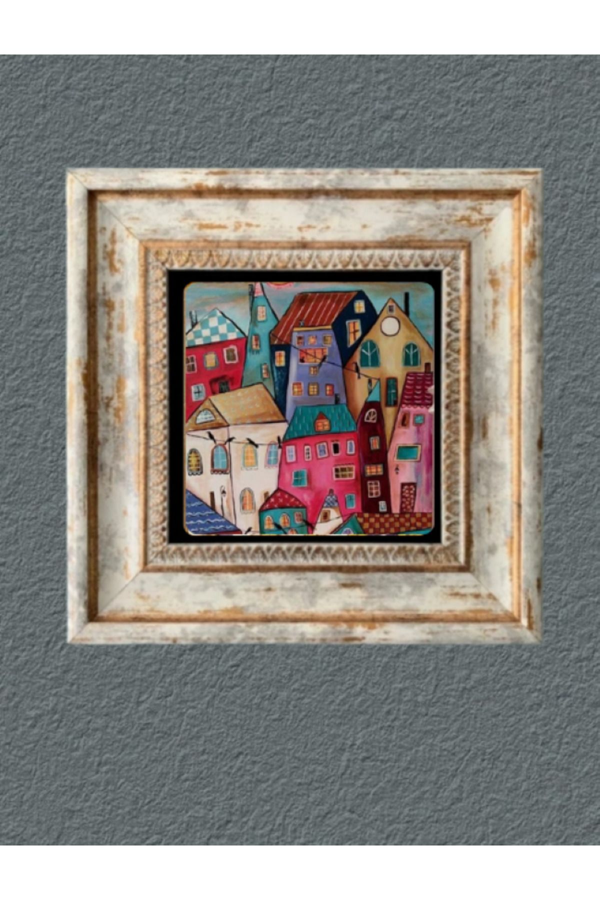 STONEVİVEART Küçük Evler Doğal Taş Tablosu 3 Adet 20x20 Cm Duvar Dekoru