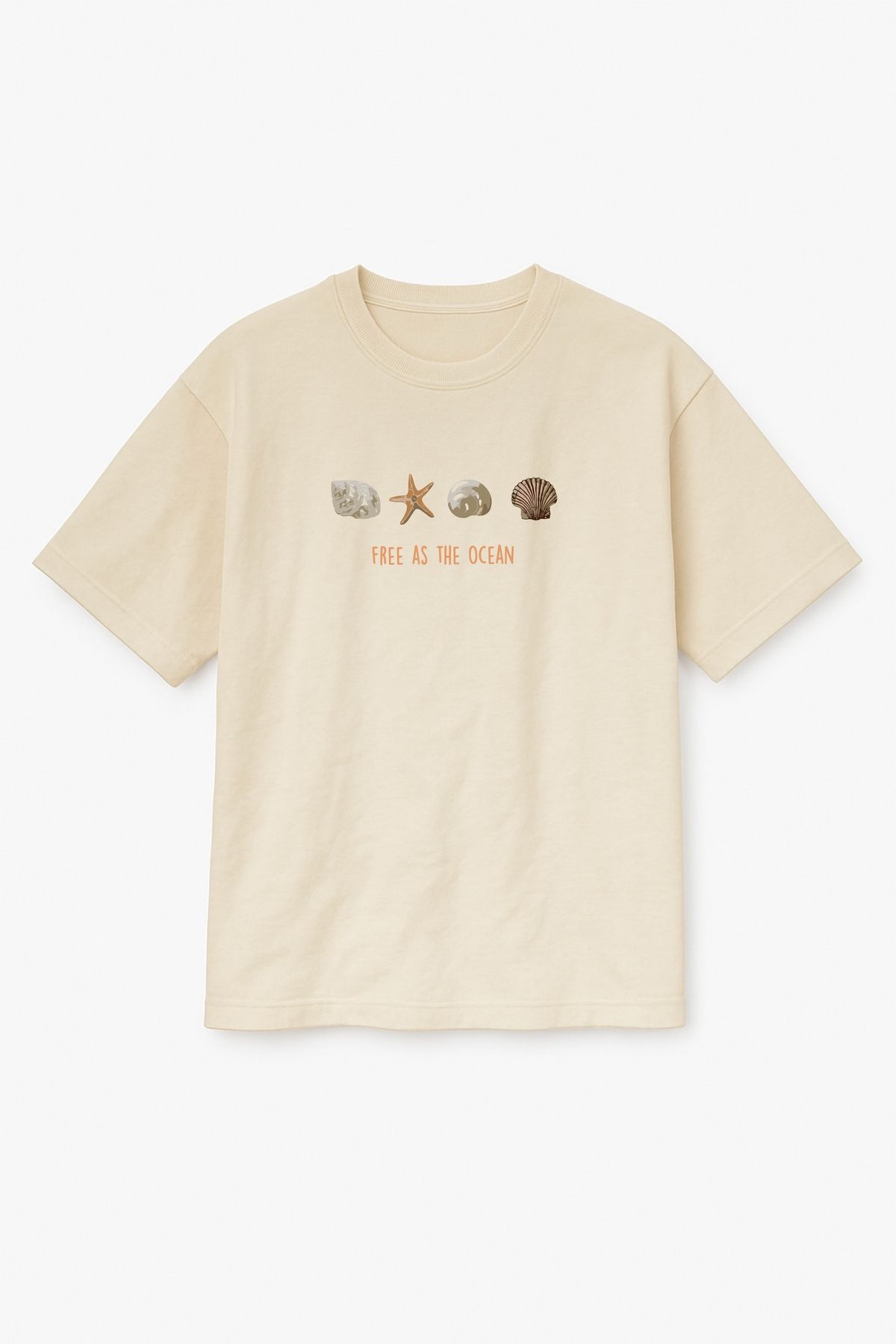 Altair Tr Bej Renk Oversize Free As The Ocean Deniz Kabuğu Baskılı Unisex Tişört T-Shirt