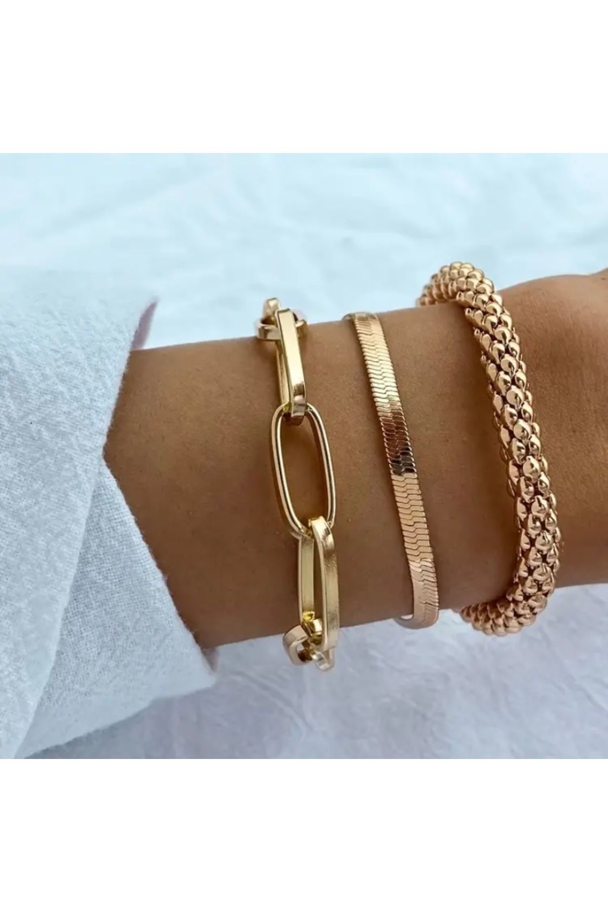 Accessories Vanilla Avenue Yılan Kemiği Zincirli Vintage 3 Adet Altın Sarısı Günlük Kadın Bileklik Seti