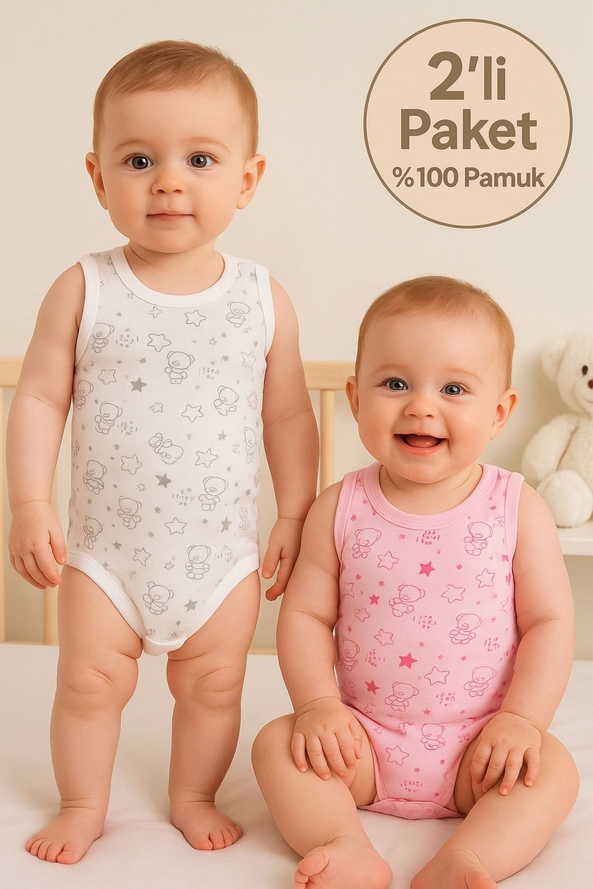 Babydonat Pembe Bear Desenli 2'li Paket % 100 Pamuk Kız Bebek Askılı Body Seti