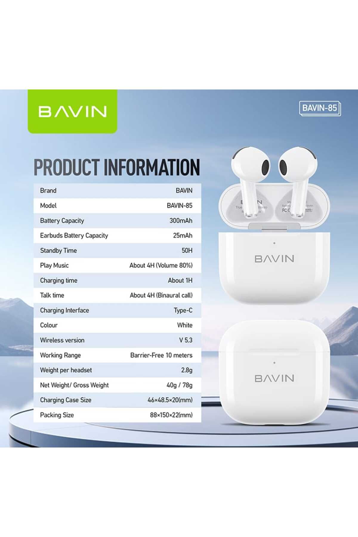 Bavin-BA-85 TWS Hi-Fi Wireless Earphones with Mini Design, Low Latency, and Smart Touch, White 3