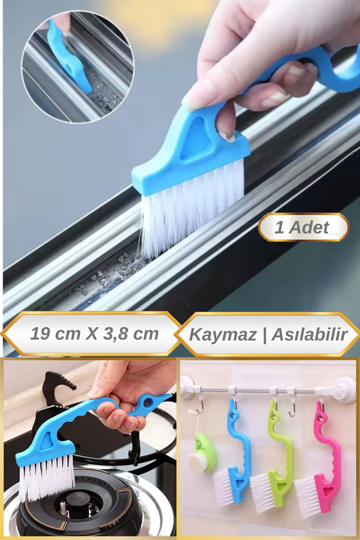 Hane Dostu 19 Cm Ergonomik Tasarım | Kaymaz Sap Asılabilir Kenar Temizleme Fırçası | Kazıma Fırçası