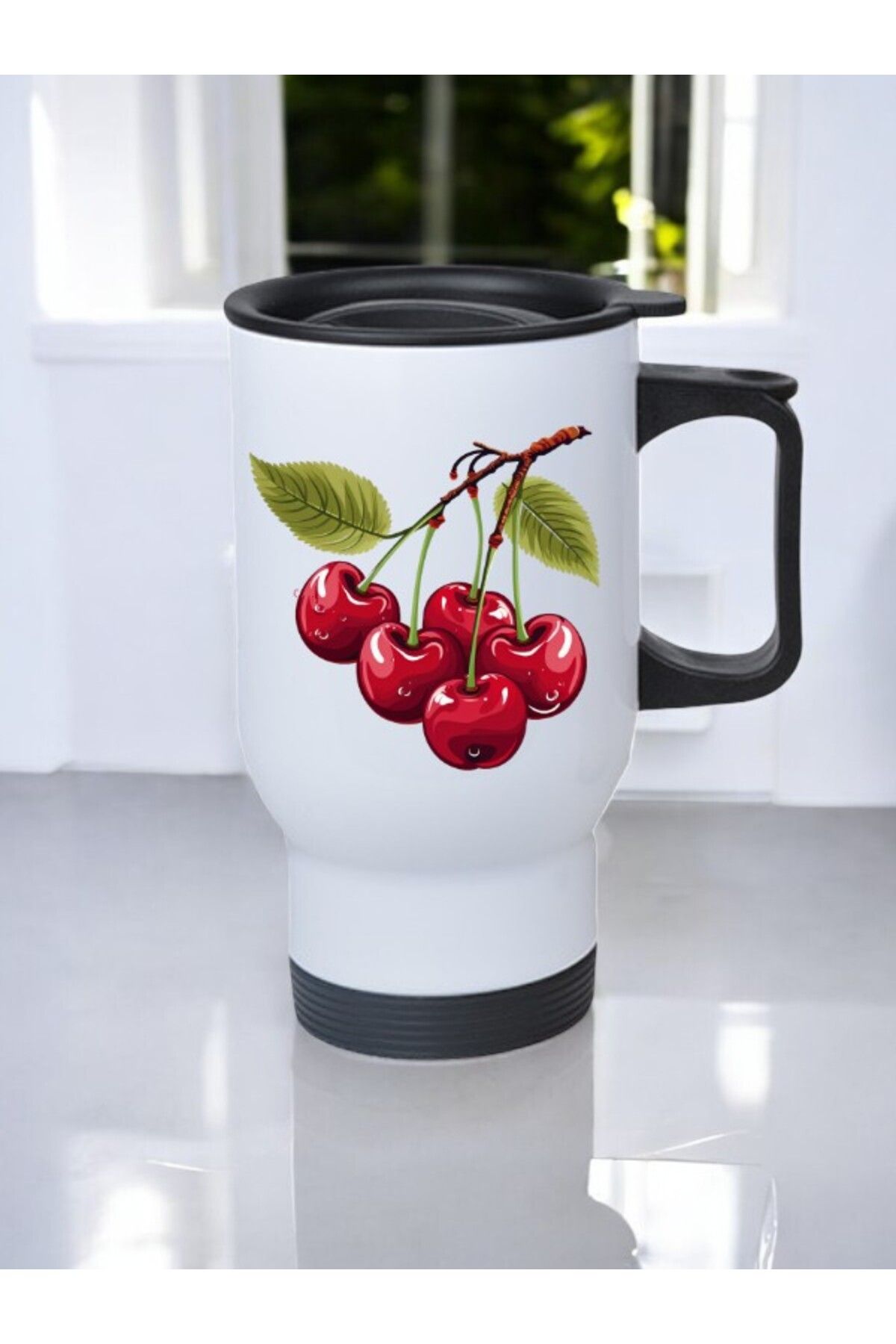 lili hediyelik Kiraz Baskılı Kulplu Çelik Bardak Termos 450 ml