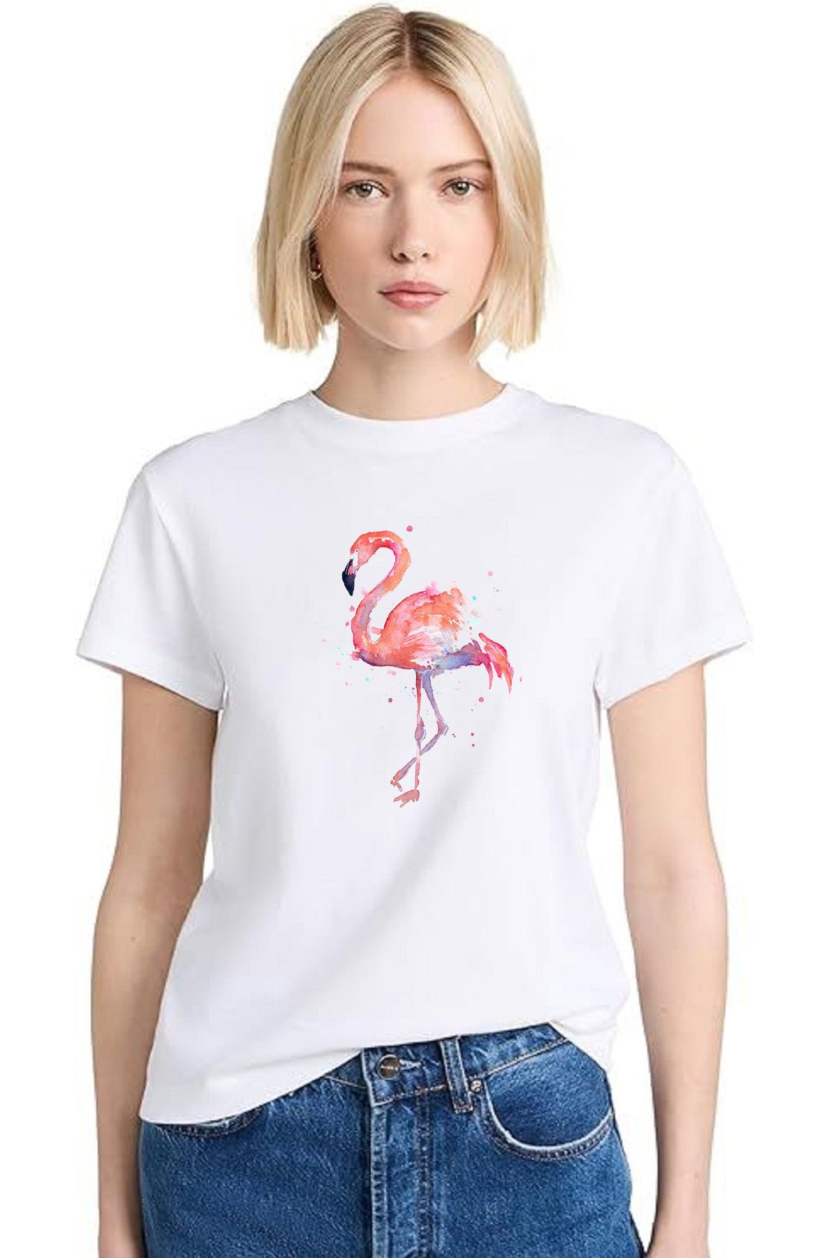 makiteks Flamingo Baskılı Kadın Unisex Bisiklet Yaka Baskılı T-shirt Beyaz Siyah Gri tişört