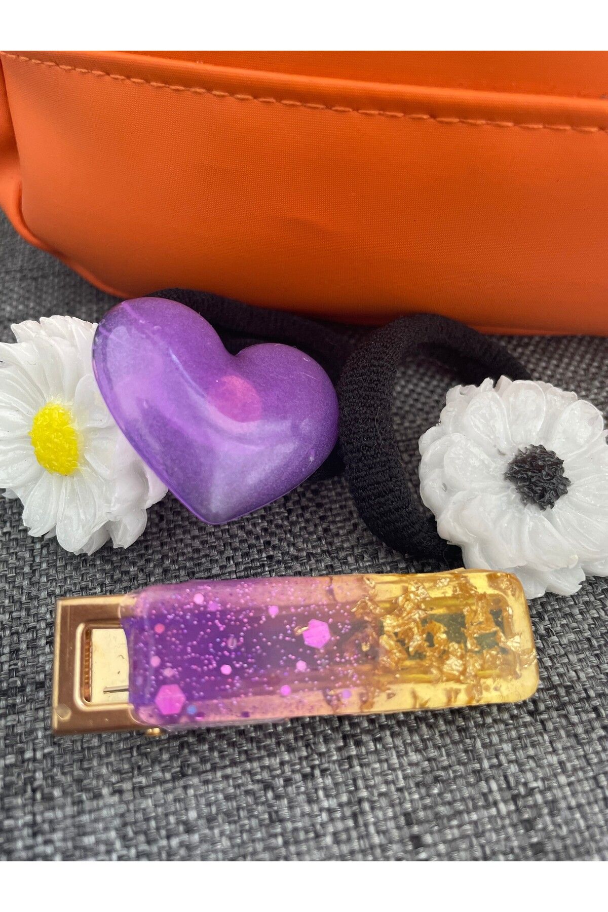 VokaAccessories Epoxy Çiçekli saç aksesuar seti:3 lastıkli toka ve 1 klips