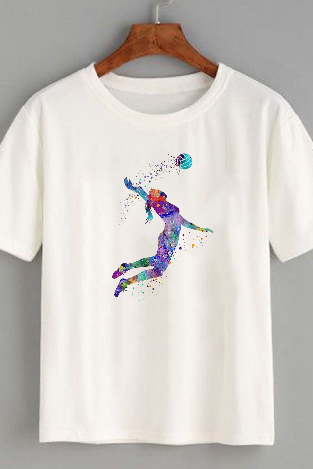 makiteks Voleybol Baskılı Kadın Unisex Bisiklet Yaka Baskılı T-shirt Beyaz Siyah Gri tişört