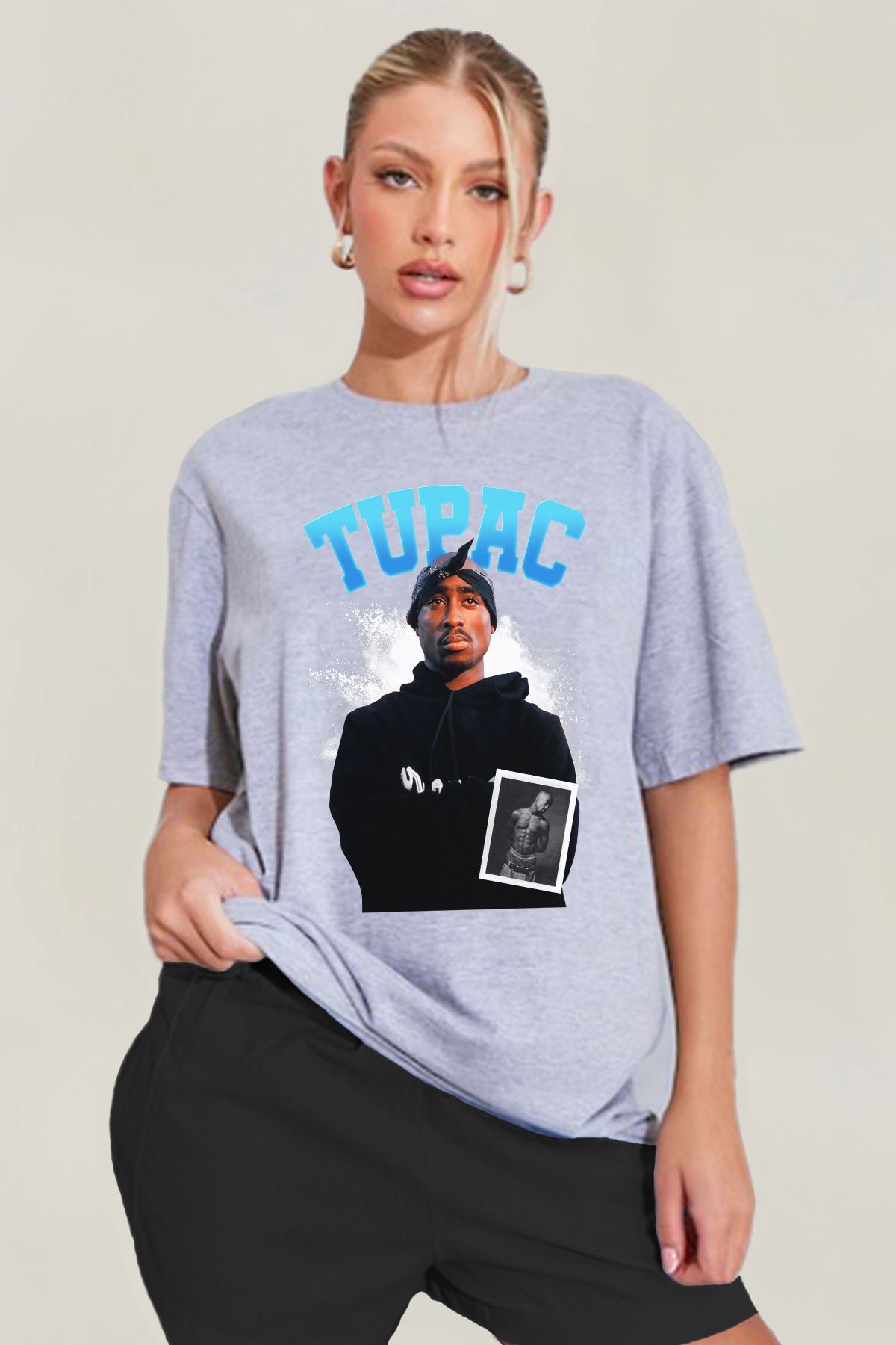 MODA Tupac Shakur Baskılı Oversize Kalıp Grimelanj Geniş Bol Kesim Kadın Tişört