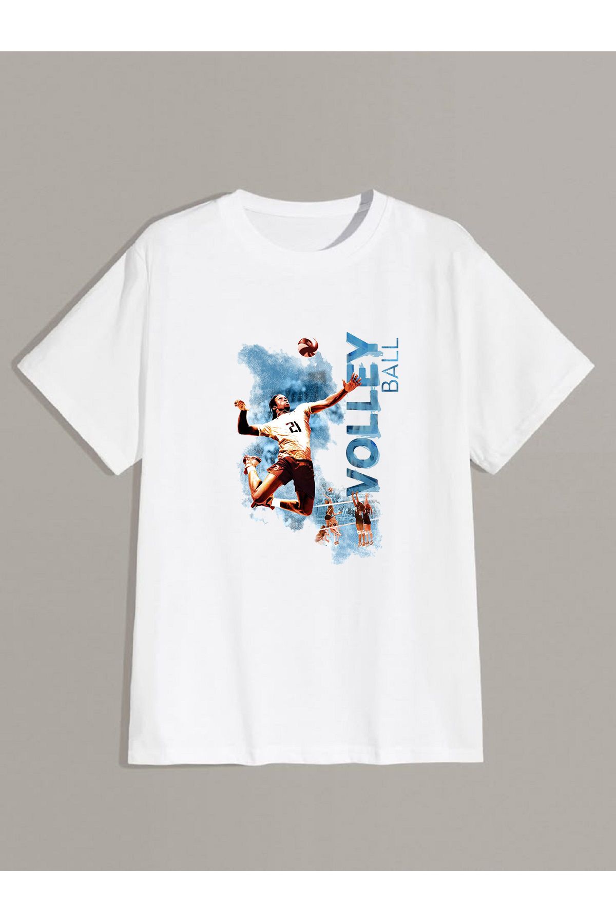makiteks Voleybol Baskılı Erkek Kadın Unisex Bisiklet Yaka Baskılı T-shirt Beyaz Siyah Gri tişört