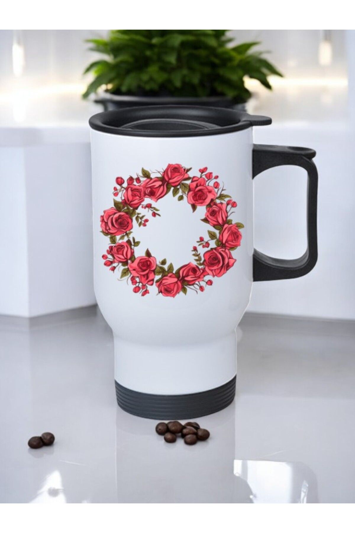 lili hediyelik Kırmızı Çiçekler Baskılı Kulplu Çelik Bardak Termos 450 ml