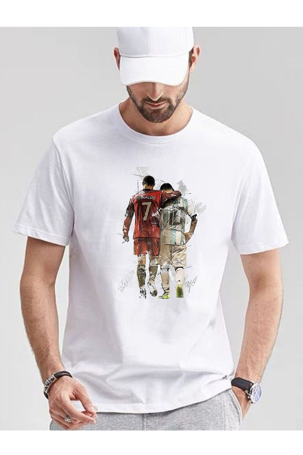 makiteks Baskılı Futbol Erkek Bisiklet Yaka Baskılı T-shirt Beyaz Siyah Gri tişört