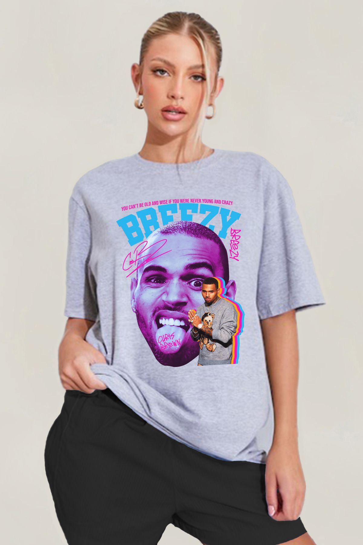 MODA Chris Brown Breezy Baskılı Oversize Kalıp Grimelanj Geniş Bol Kesim Kadın Tişört