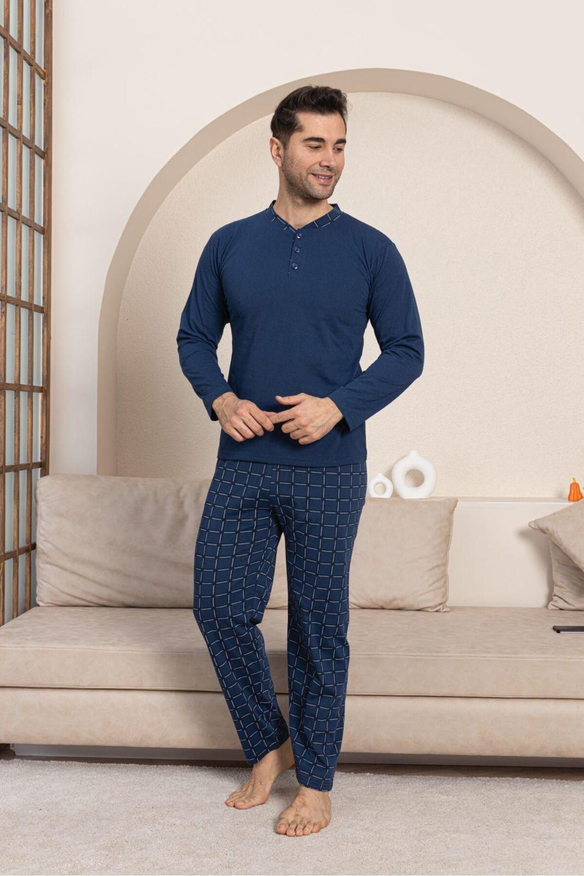 Poji Home Lacivert Altı Ekoseli Erkek Pijama Takımı – %100 Pamuk, Rahat Kalıp