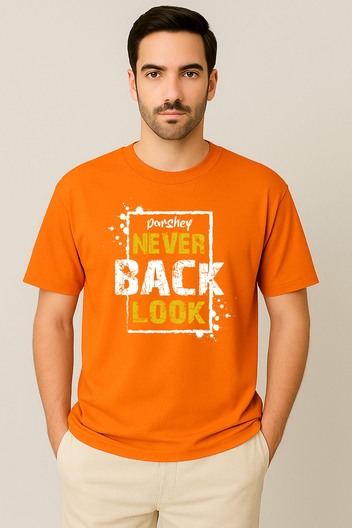 PARSHEY Erkek - Kadın %100 Pamuk Never Look Back Baskılı Yarım Kollu Bisiklet Yaka T-Shirt