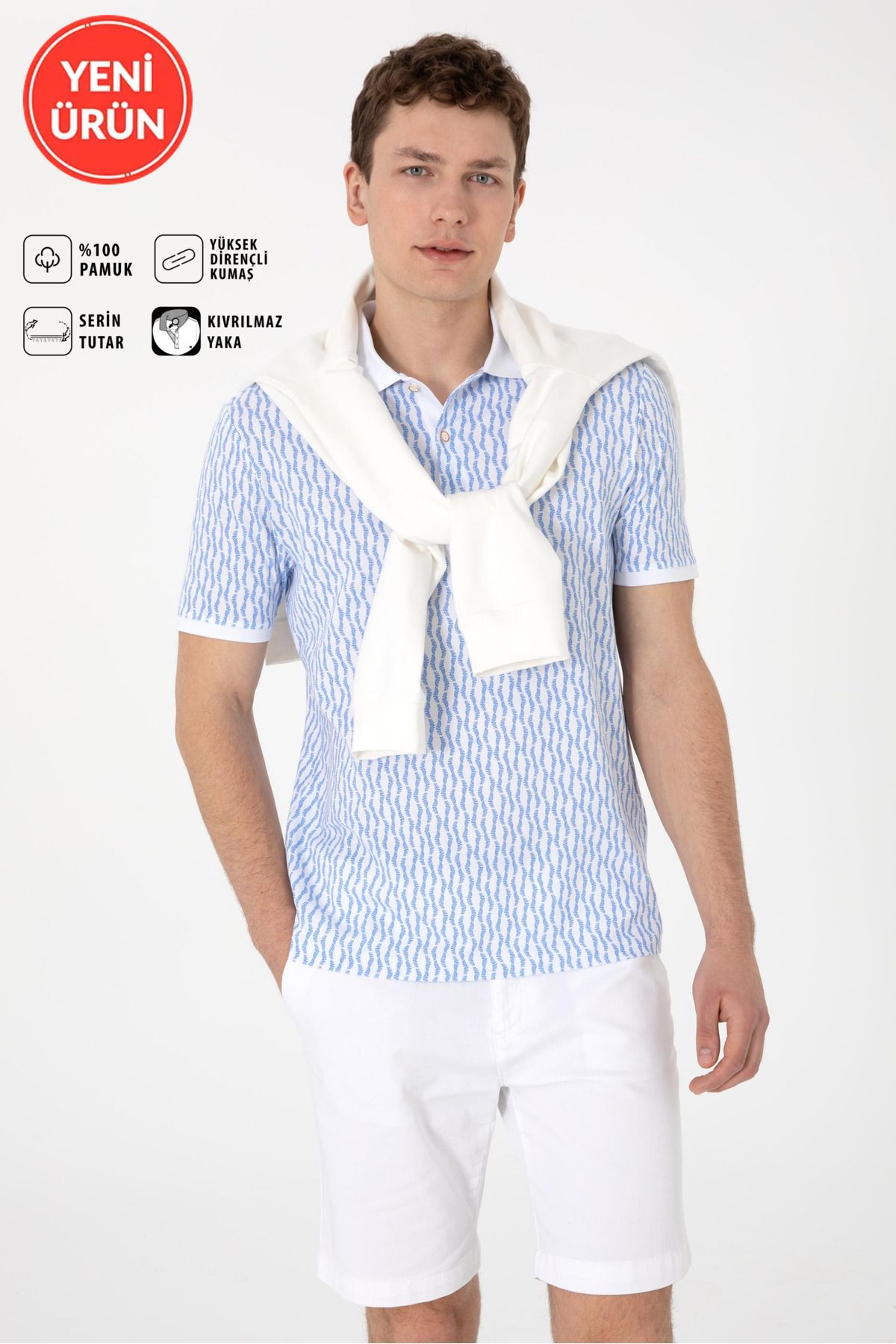U.S. Polo Assn. Erkek Regular Fit Polo Yaka Koyu Mavi Desenli T-Shirt
