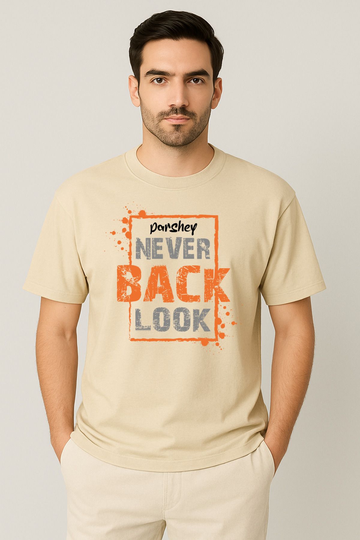 PARSHEY Erkek - Kadın %100 Pamuk Never Look Back Baskılı Yarım Kollu Bisiklet Yaka T-Shirt