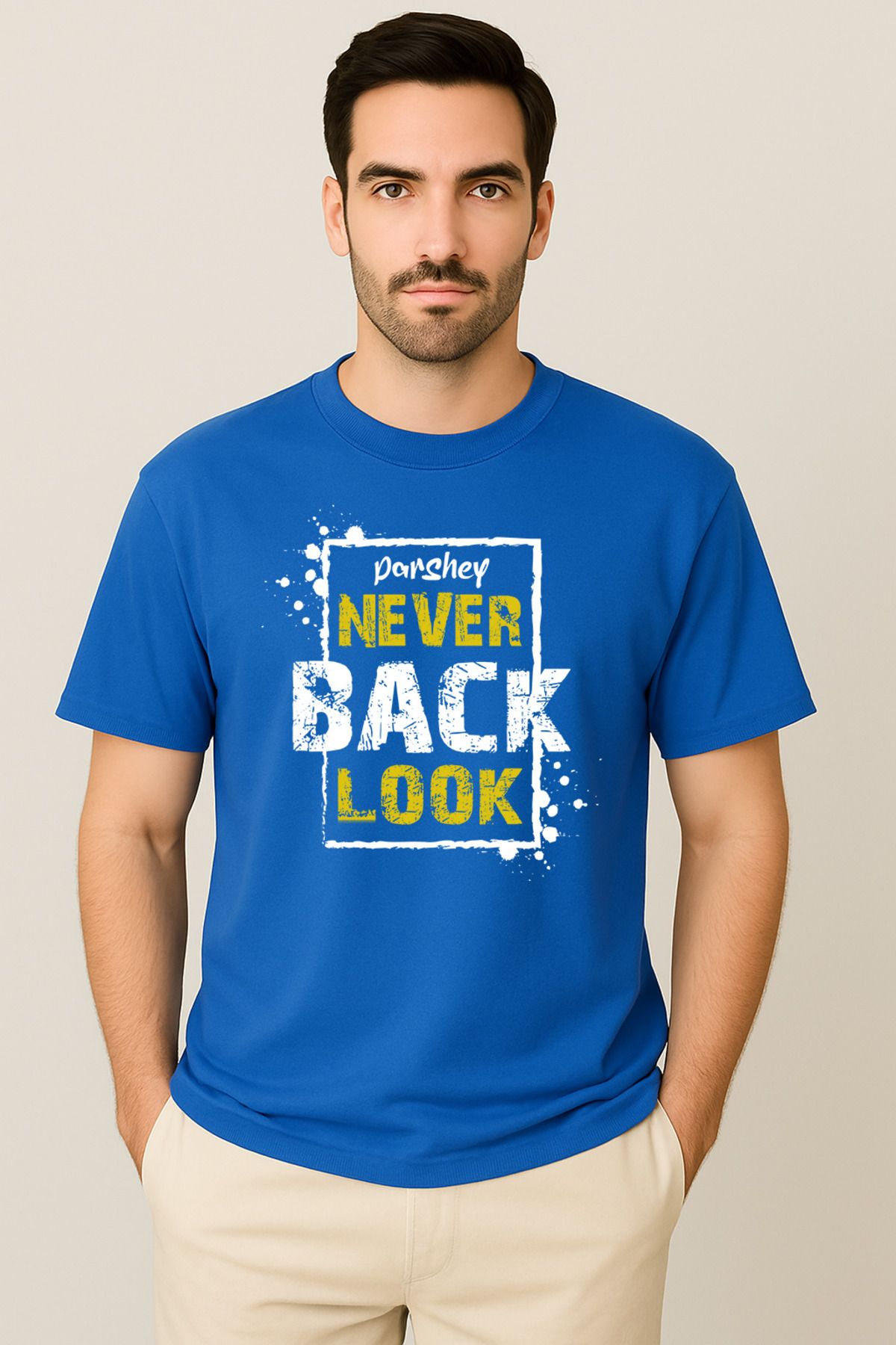 PARSHEY Erkek - Kadın %100 Pamuk Never Look Back Baskılı Yarım Kollu Bisiklet Yaka T-Shirt