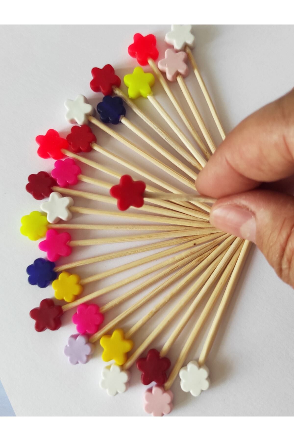 BEYHAN BAYHAN 100 Adet Dekoratif Çiçek Boncuklu Pasta Kürdanı 6,5 cm - Sunum Kürdanı