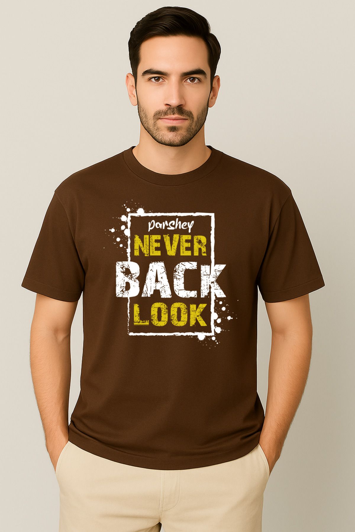 PARSHEY Erkek - Kadın %100 Pamuk Never Look Back Baskılı Yarım Kollu Bisiklet Yaka T-Shirt
