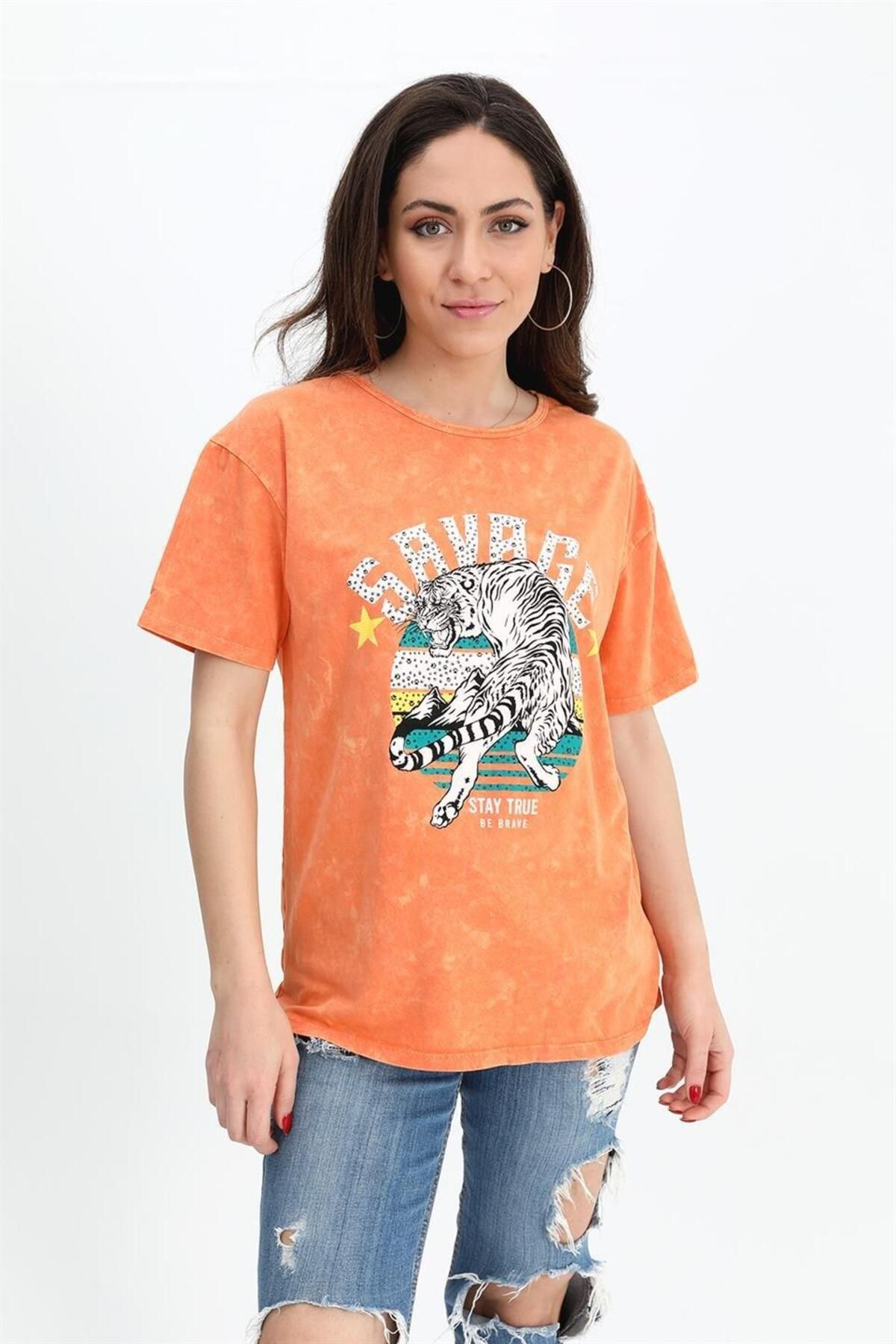 LLOHA T-shirt Yıkamalı Kumaş Bisiklet Yaka - Turuncu