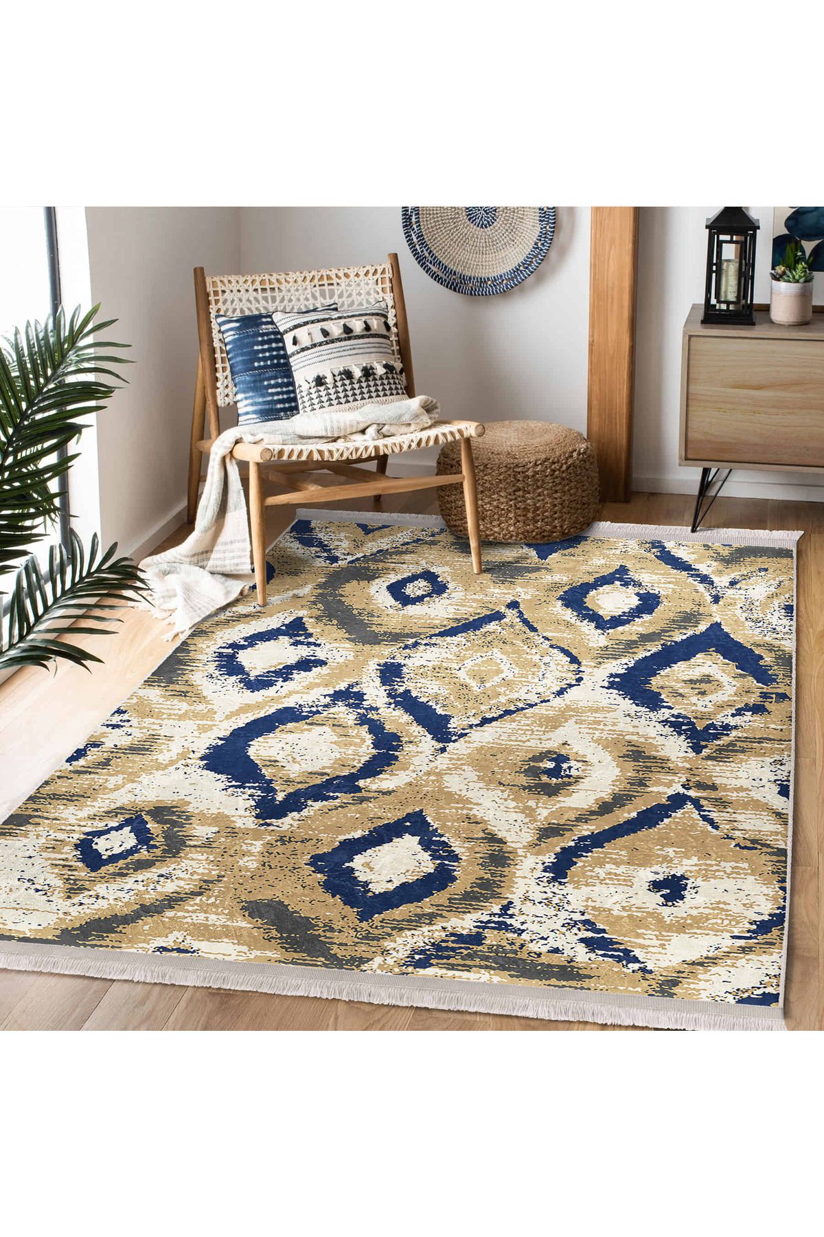 Realhomes Mavi & Bej Geometrik Desenli Salon için Makinede Yıkanabilir Kaymaz Taban Halı