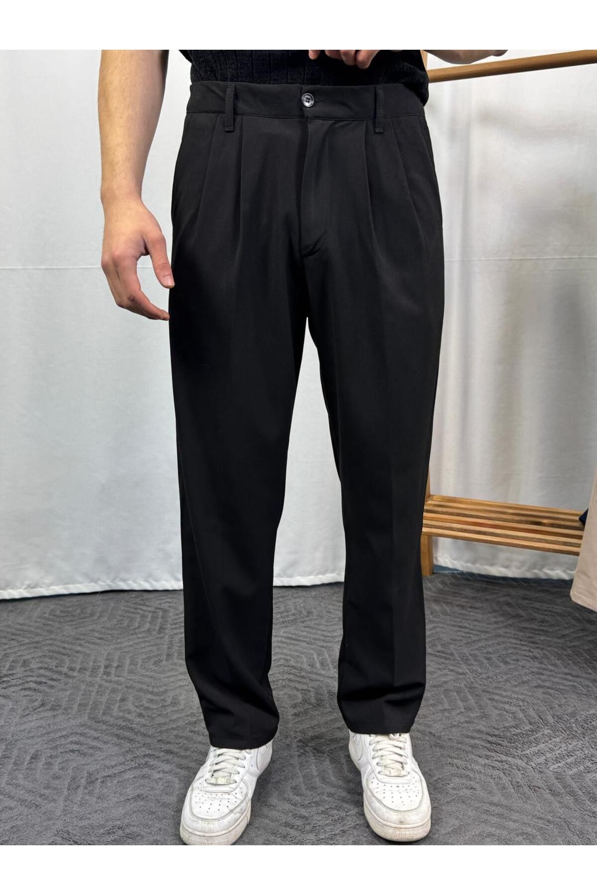 BRAVALDE Siyah Pileli Baggy Kumaş Pantolon BRV173