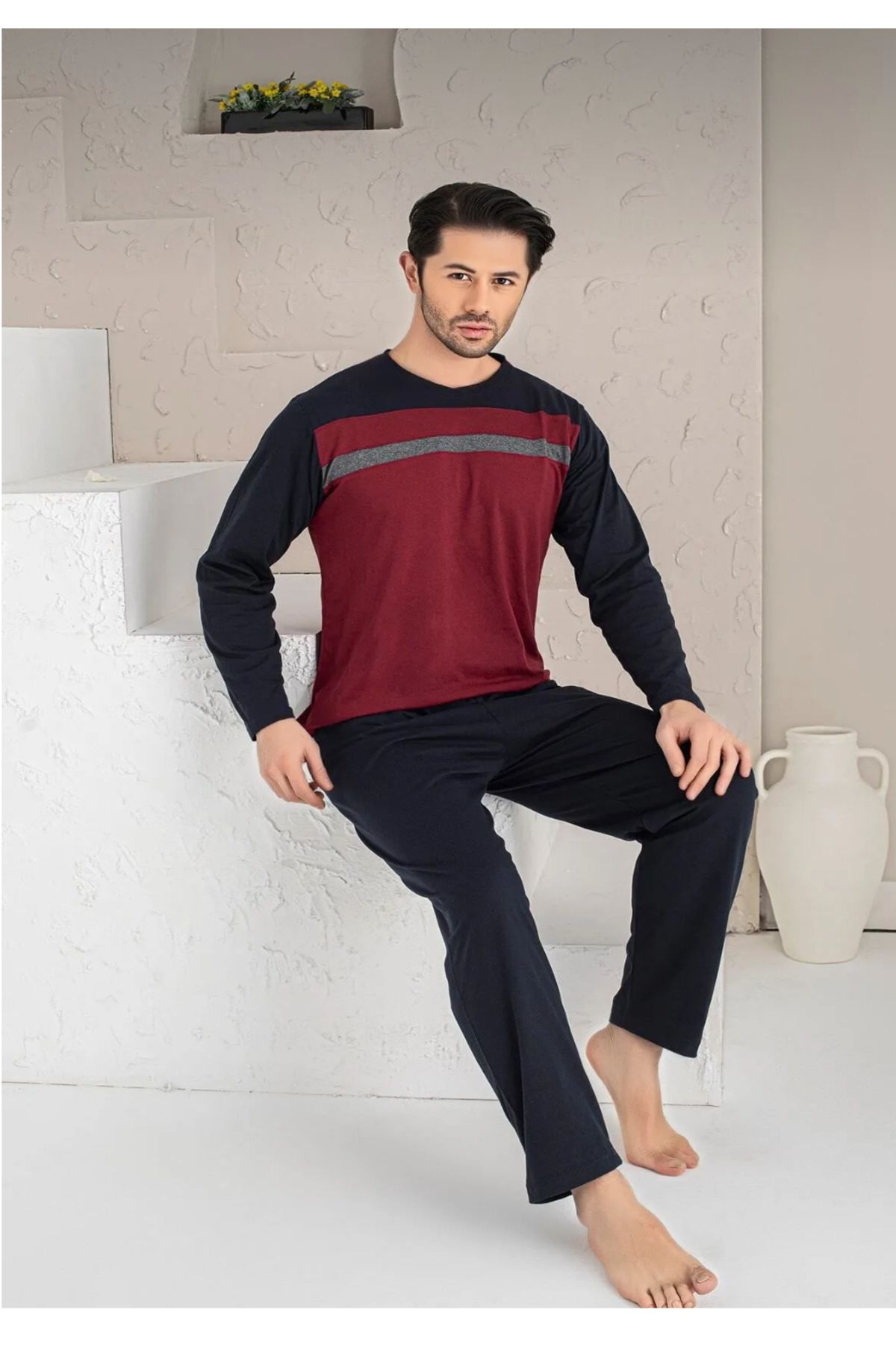 Poji Home Erkek Parçalı Uzun Kollu Penye Kumaş Mevsimlik Pijama Takımı – %100 Pamuk, Rahat Kalıp