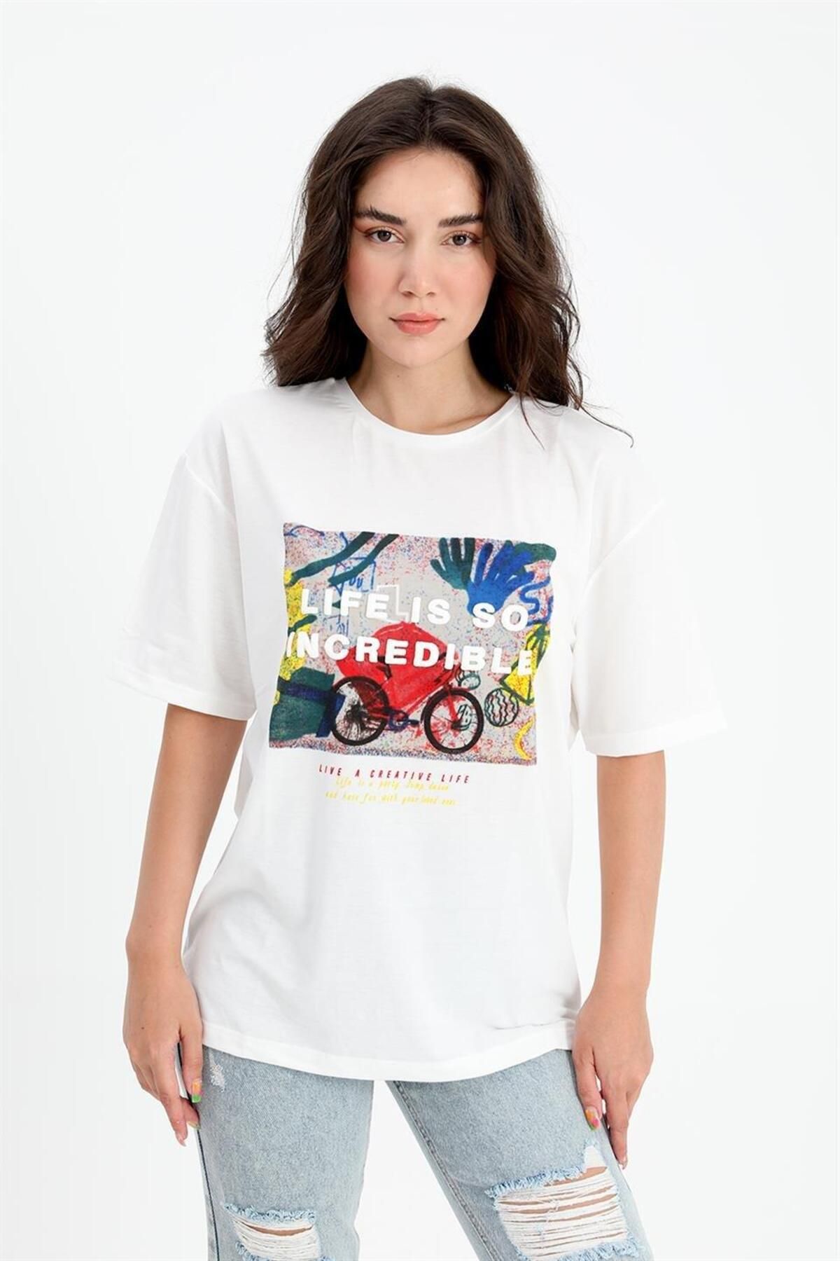 LLOHA T-shirt Bisiklet Yaka Desenli Kabartma Yazılı - Ekru