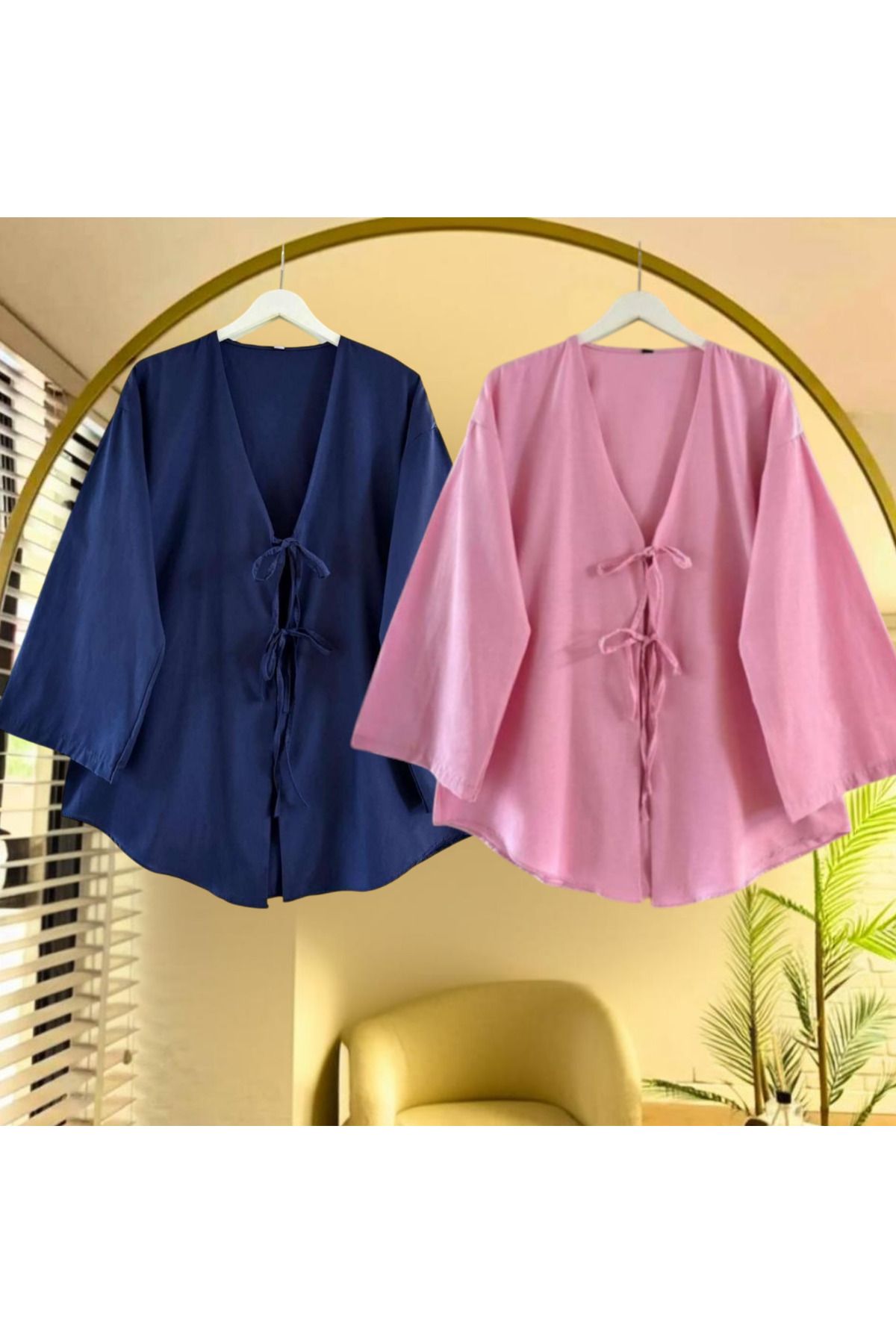 hudors Önü Bağlamalı Kimono Tunik 2'li Lacivert ve Pembe Oversize / hudors