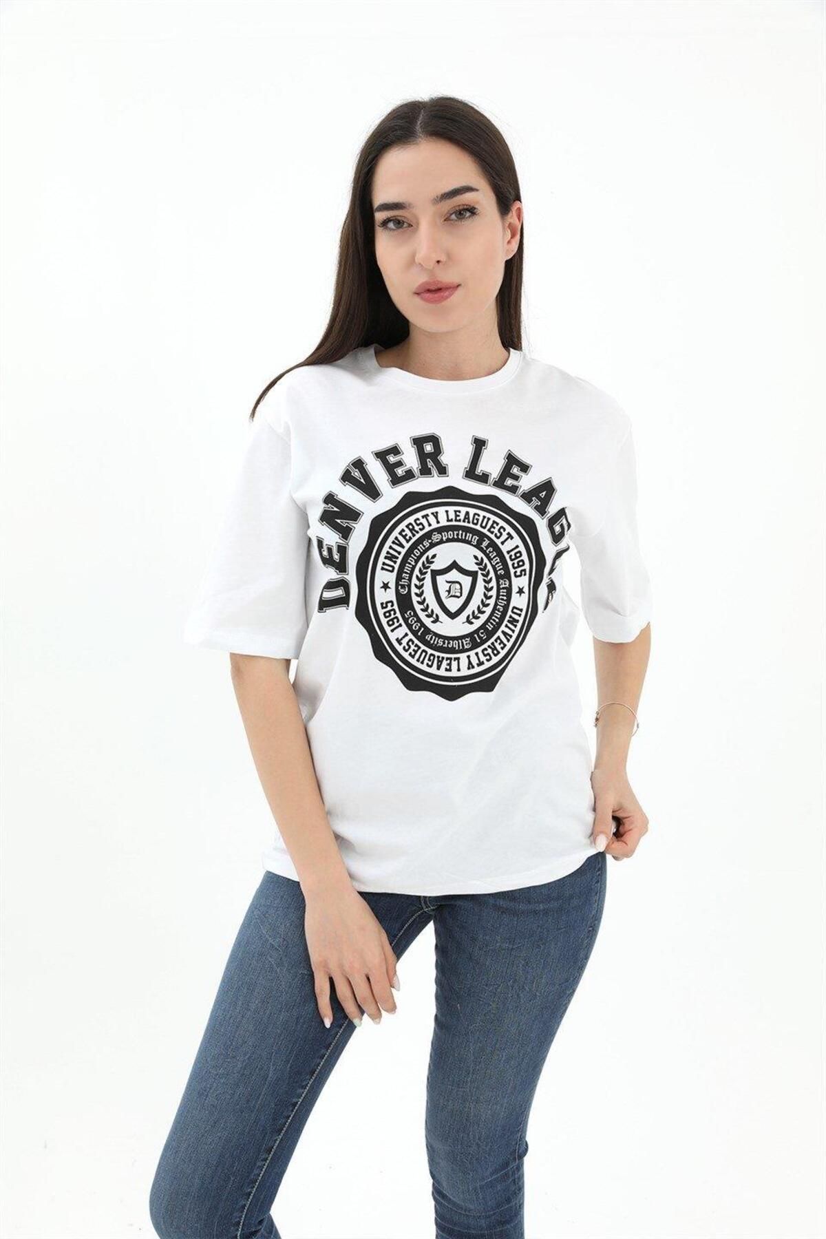 LLOHA Bisiklet Yaka Denver Leagune Baskılı T-Shirt - Beyaz