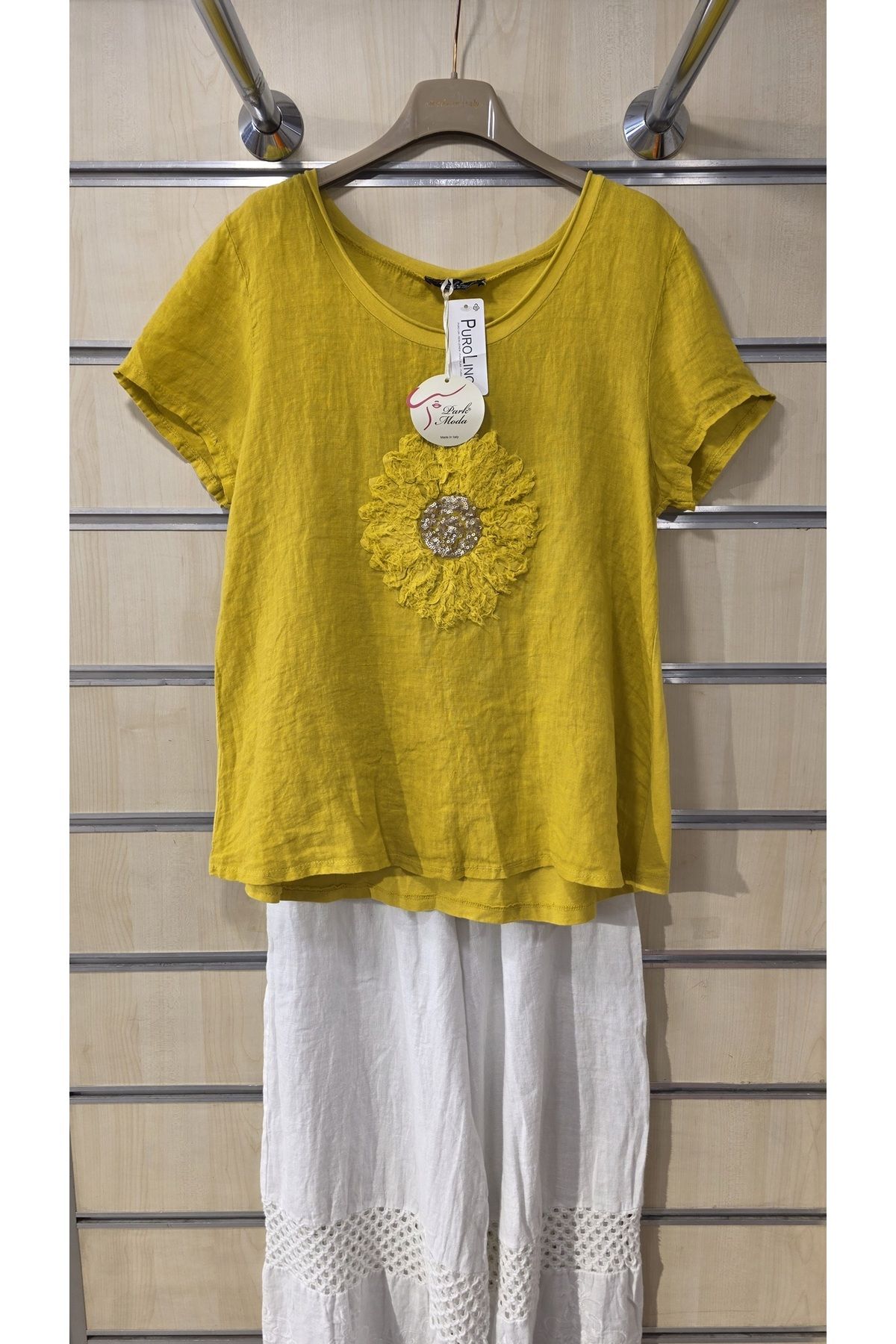 Park Moda İtalyan Keten Bluz Daire Çiçek Desen