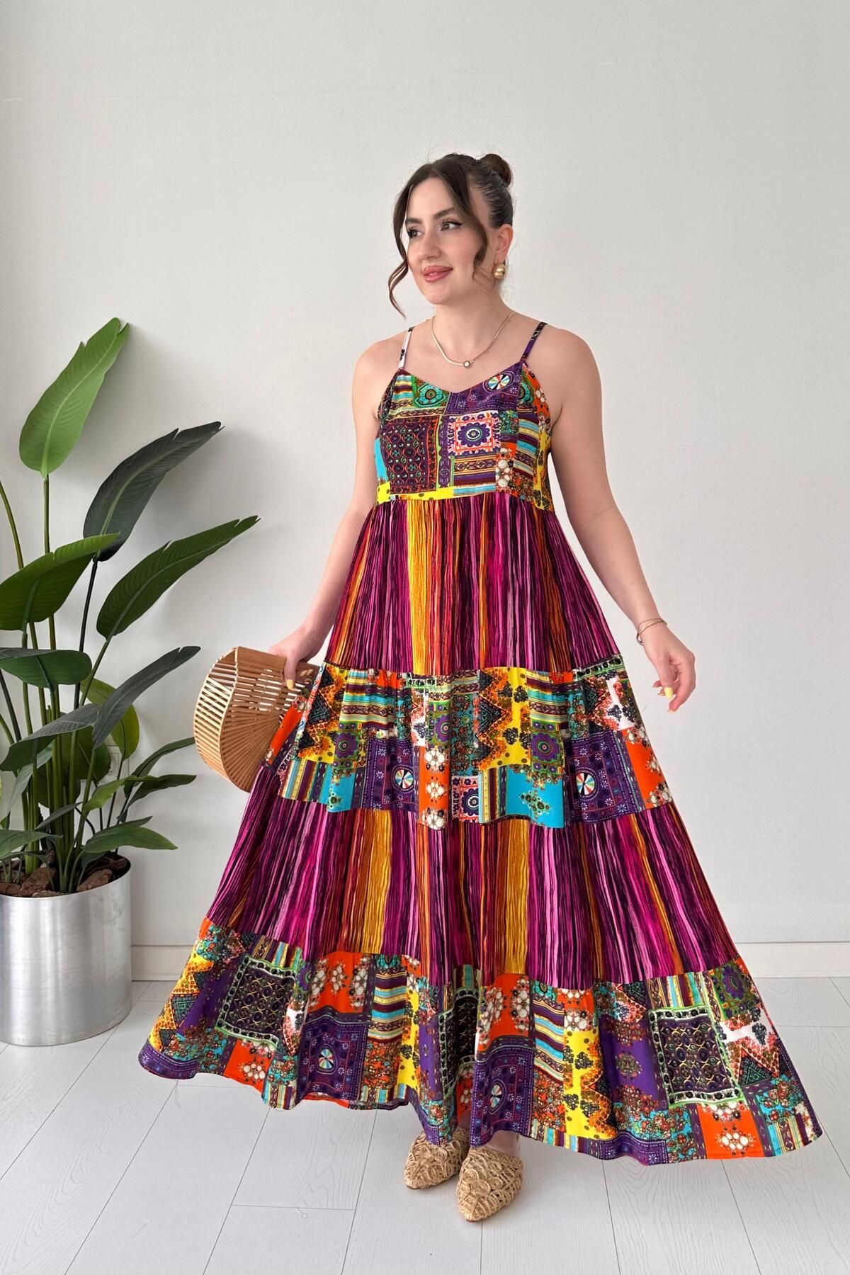 MaziButik Askılı Gipsy Elbise Pembe