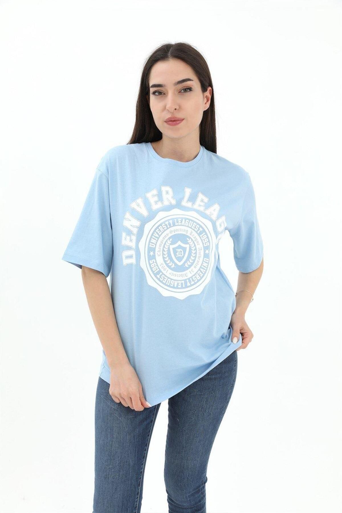 LLOHA Bisiklet Yaka Denver Leagune Baskılı T-Shirt - Mavi
