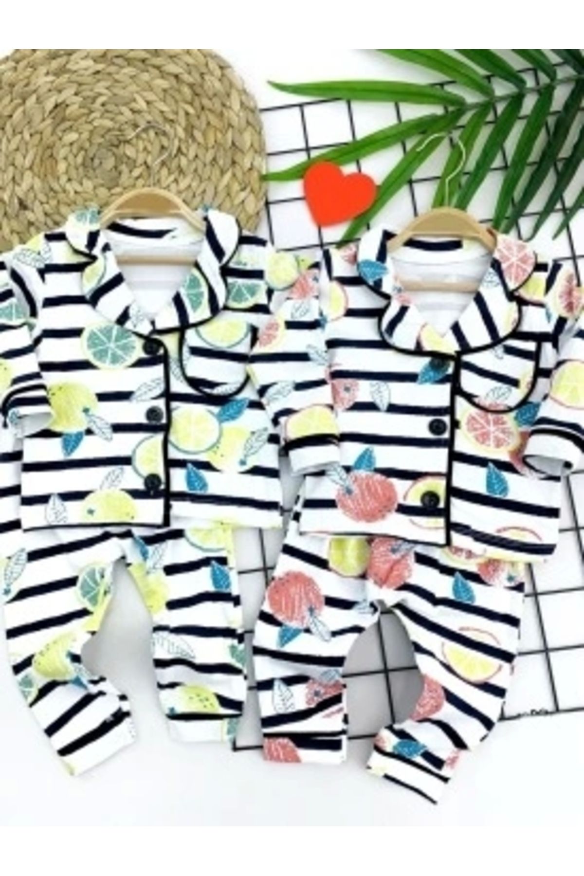 Diji Baby 9-12-18-24 Ay Çizgili Meyve Desenli Düğme Kapamalı 2li Kız Erkek Bebek Pijama Takımı