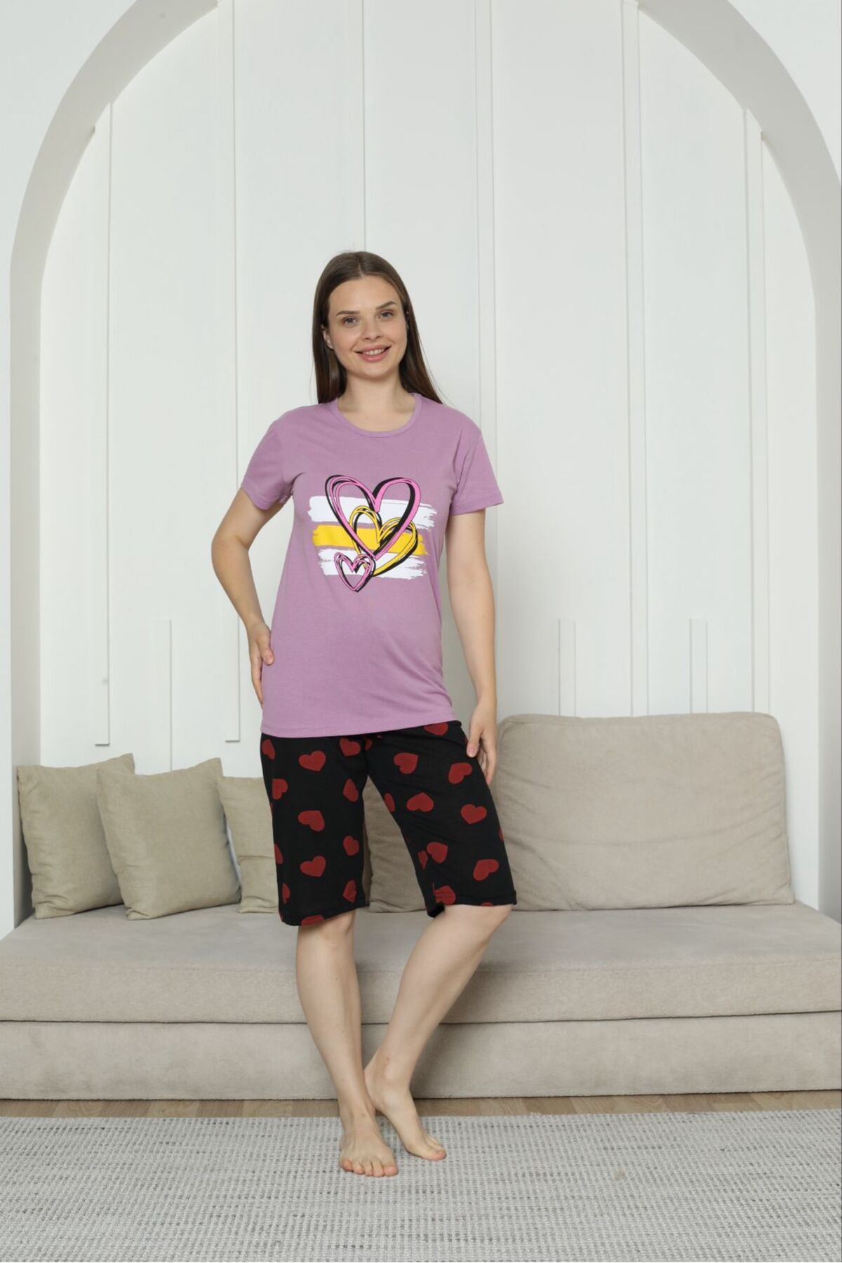 ASMATEKSTİL Kalp Desenli Kapri Pijama Takımı