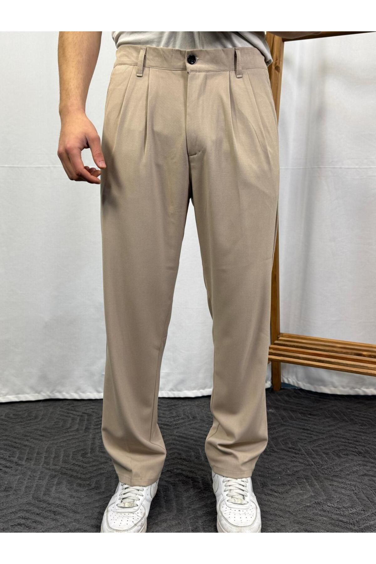 BRAVALDE Krem Pileli Baggy Kumaş Pantolon BRV175