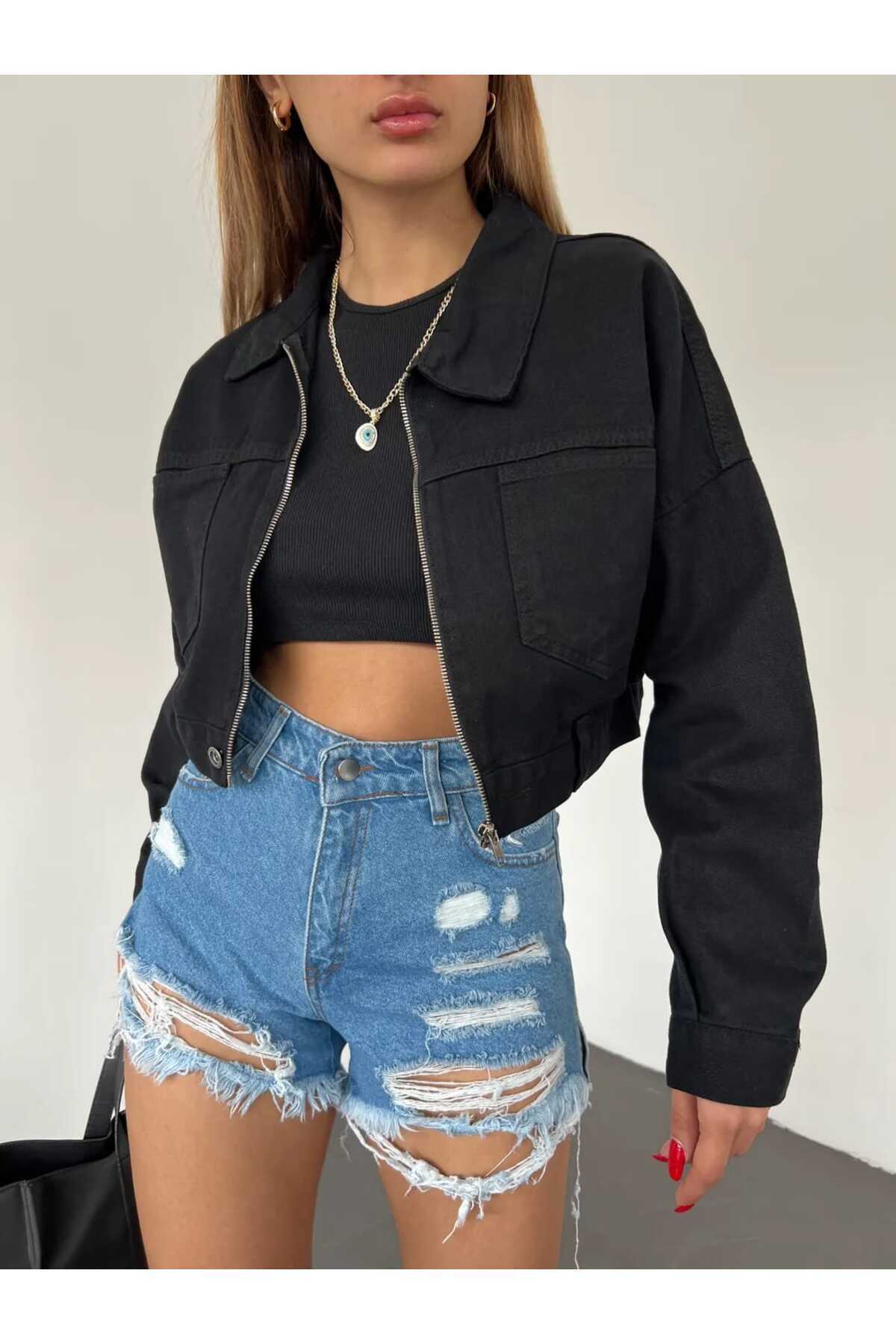 Zeliza Moda Evi-Women's Zipper Closure Double Pocket Crop Jeans Jacket 4