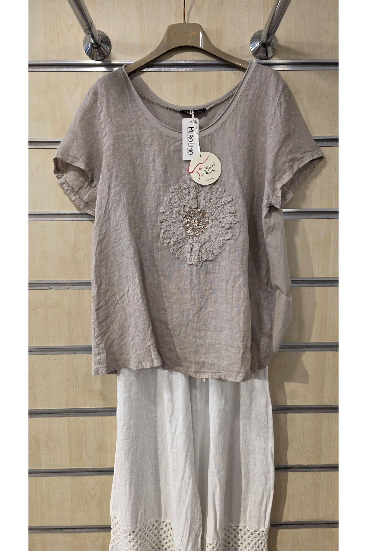 Park Moda İtalyan Keten Bluz Daire Çiçek Desen