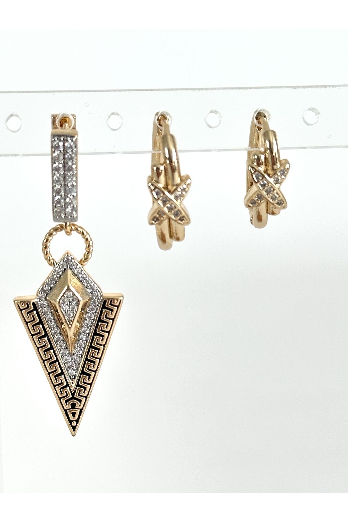 Jewerly Pirinç Kaplama Gold Taşlı 3’lü Küpe