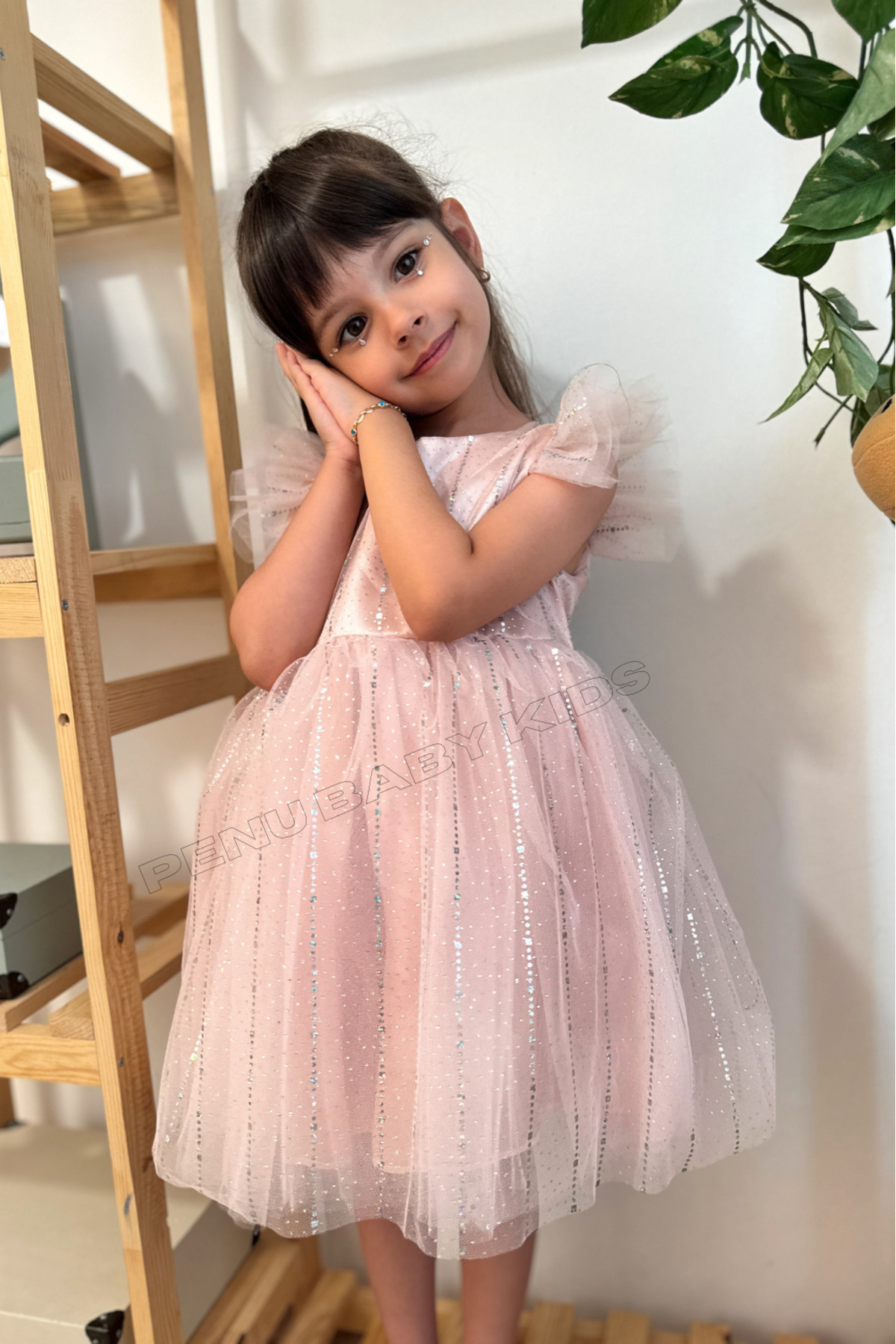 penu baby kids Pudra Yarım Kol Baskı Şeritli Tül Kız Çocuk Kız Bebek Elbise fotoğrafı 7 (önizleme)