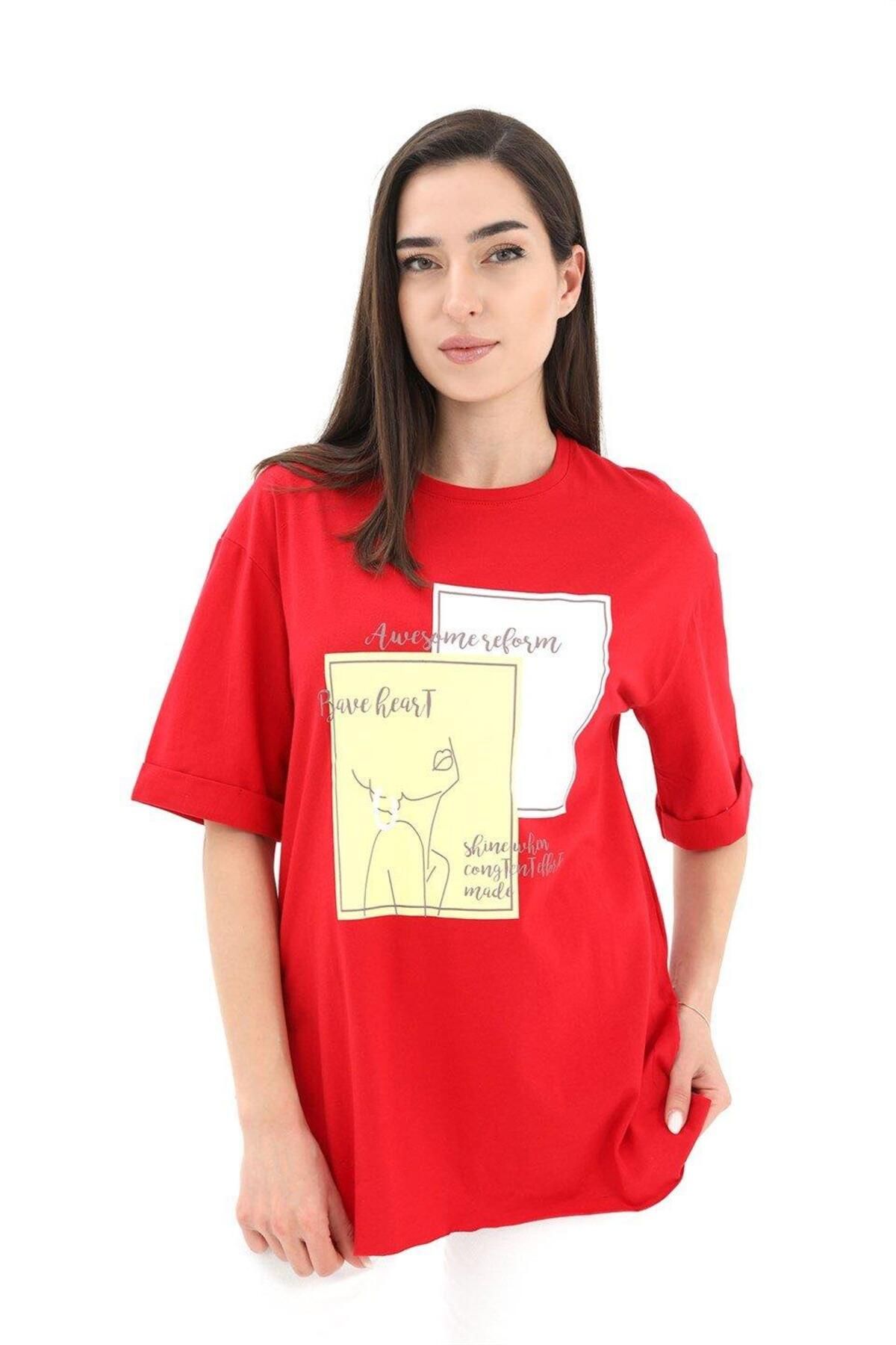 LLOHA Bisiklet Yaka Yüz Basklı T-Shirt - Kırmızı