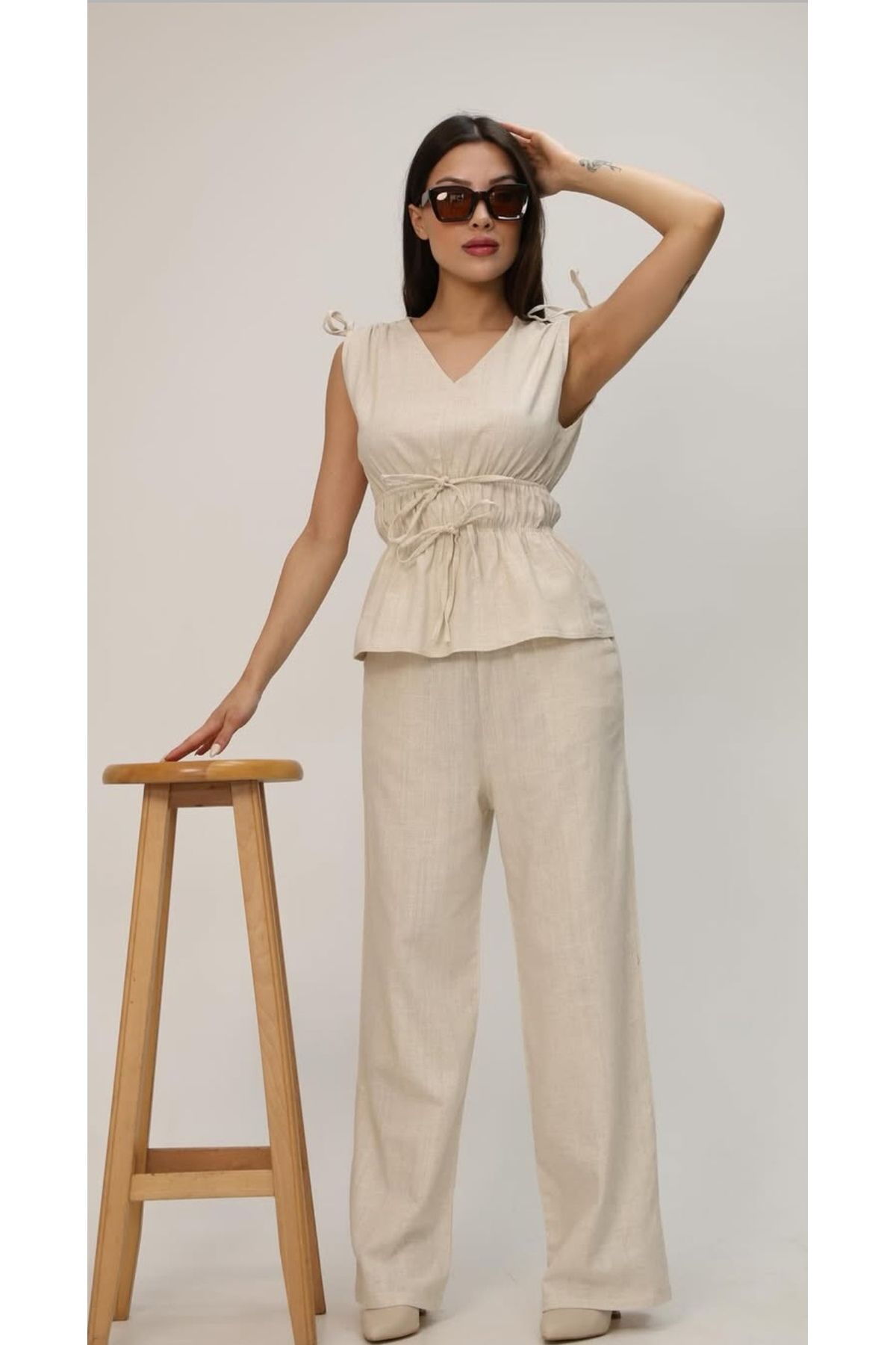 LEYLA SAĞLAM KADIN BLUZ PANTOLON KETEN İKİLİ TAKIM